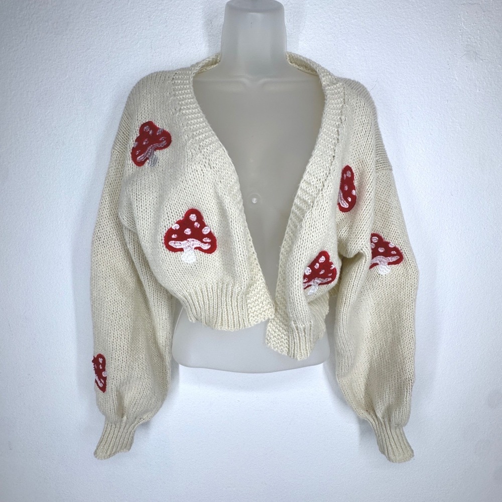 Womens Mushroom Embroidered Cropped Chunky Knit Cardigan Cream Size S Fairy Boho